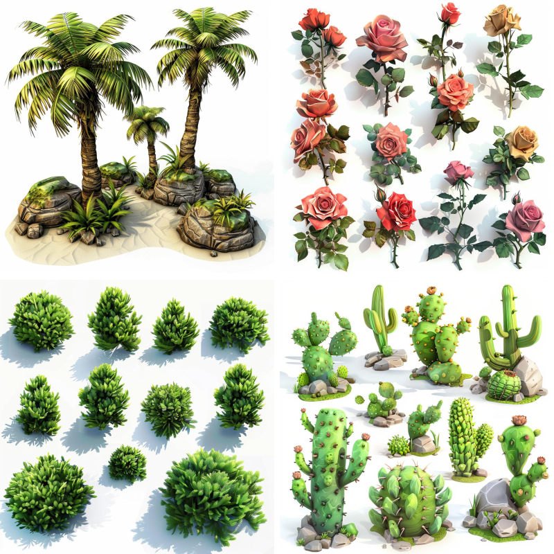 3D Gaming Asset Sheet for Plants and Flowers